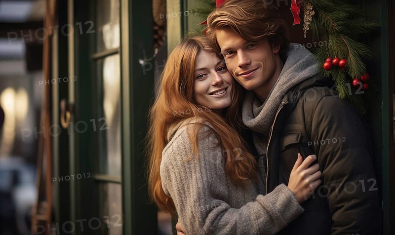 Young couple smiling together near home door decorated with mistletoe. Christmas holidays Ai generated