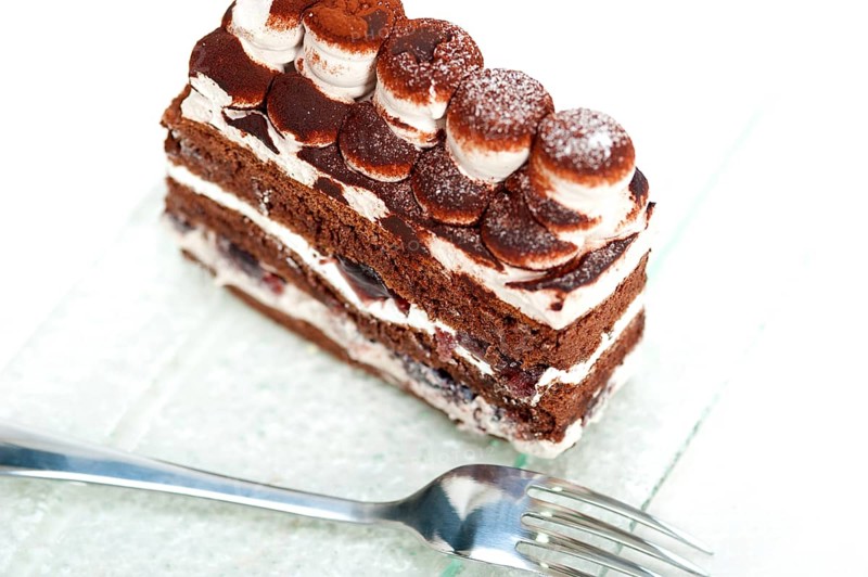 Fresh whipped cream dessert cake slice with cocoa powder on top