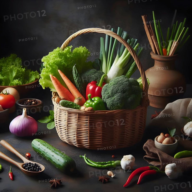 Assorted organic vegetables in a bamboo made basket. AI generated