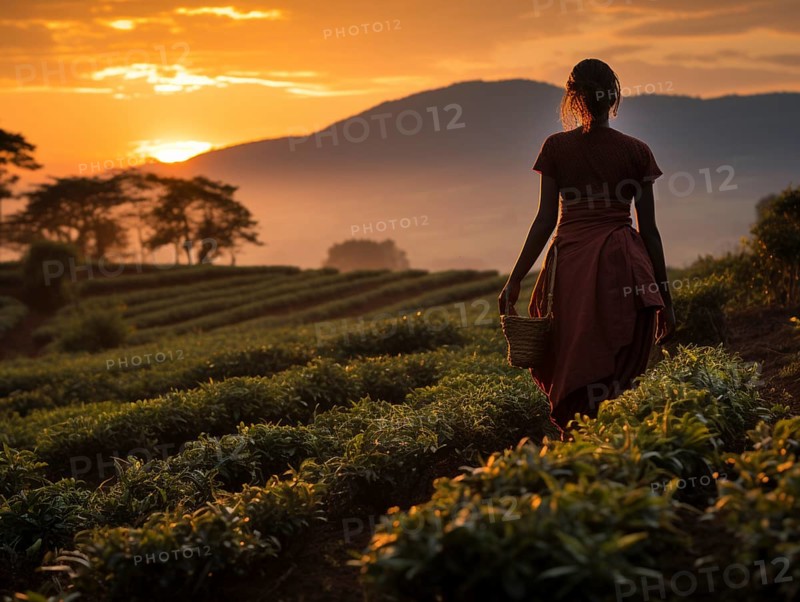 An Indian woman in traditional clothing picking tea on a tea plantation