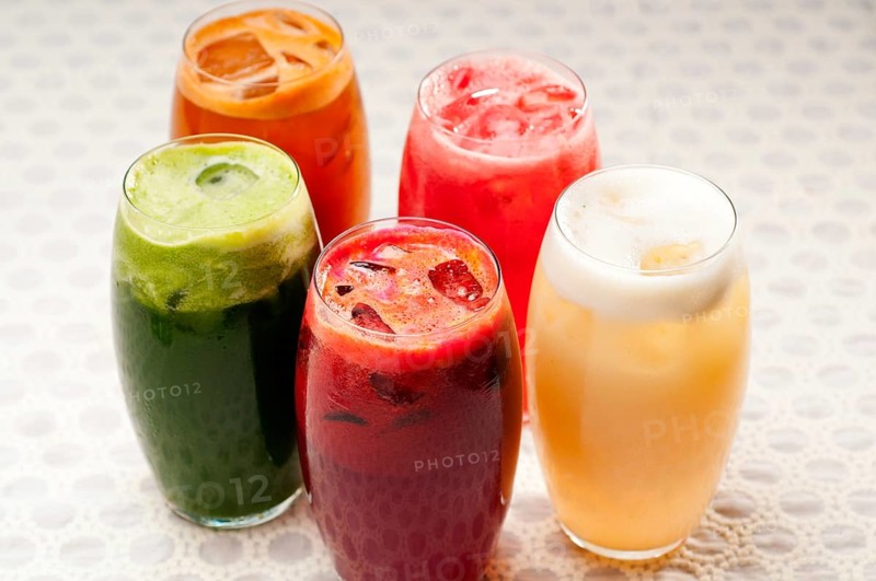 Selection of fresh fruits colorful long drink cocktails
