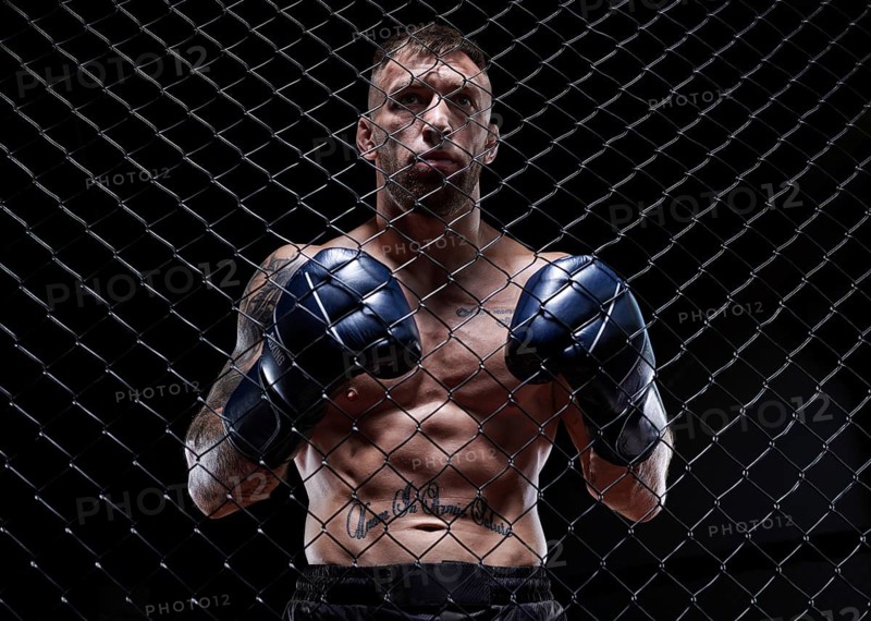 Dramatic image of a mixed martial arts fighter standing in an octagon cage. The concept of sports