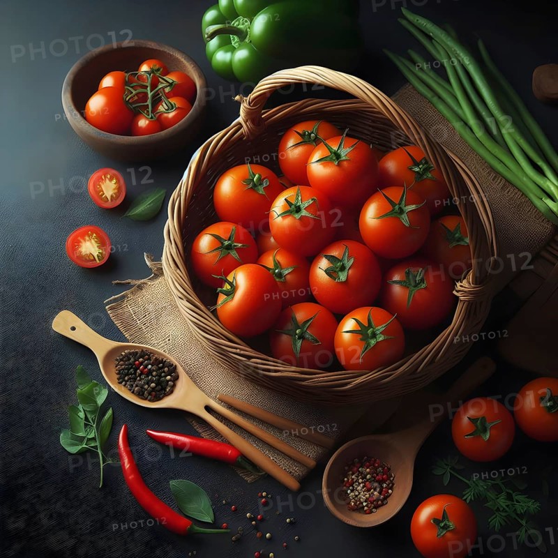 Organic vegetable tomatoes in a bamboo made basket. AI generated