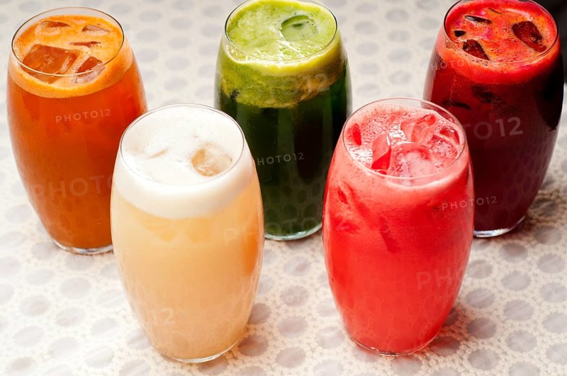 Selection of fresh fruits colorful long drink cocktails