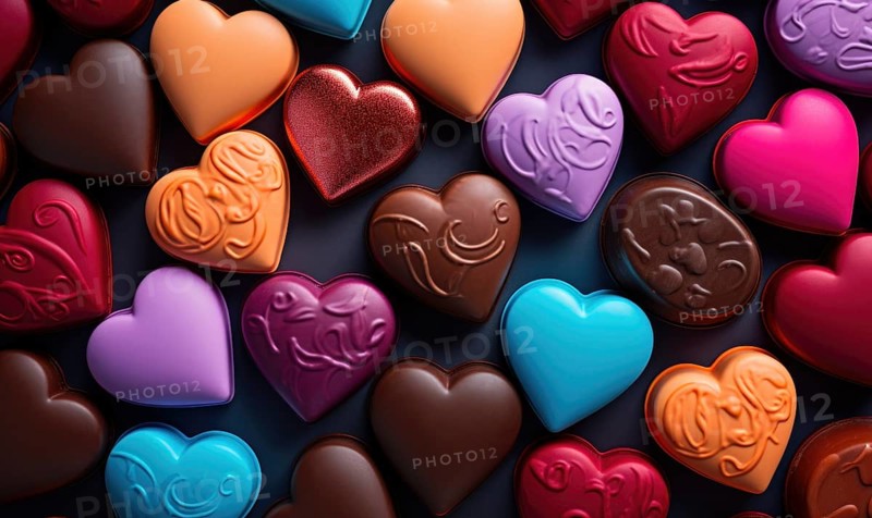 An array of heart-shaped chocolates in various colors and patterns AI generated