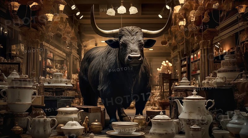 Very large bull with horns in a China shop filled with glassware. generative AI