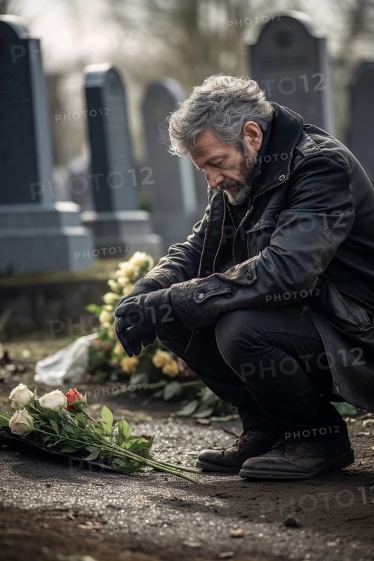 Man sitting sadly at gravestone
