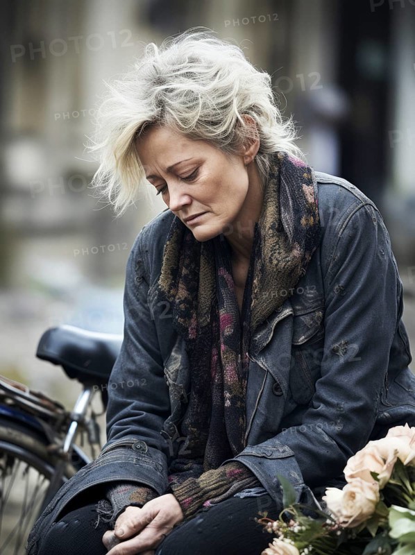 Woman sits sadly at the cemetery