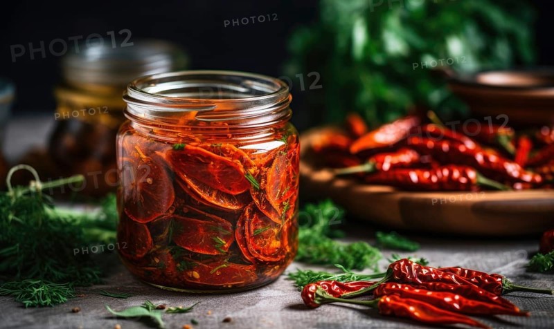 Dried tomatoes in a jar. Homemade marinated red chili peppers in a glass jar on a dark background AI generated