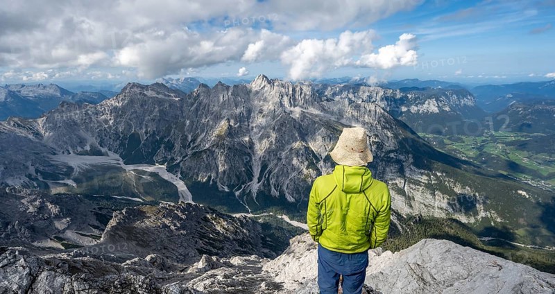 View of Wimbachgries valley and mountain panorama with rocky mountain peak of Hochkalter