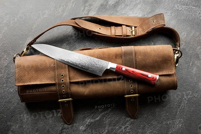 Excellent Japanese chef's knife from Damascus steel. View from above