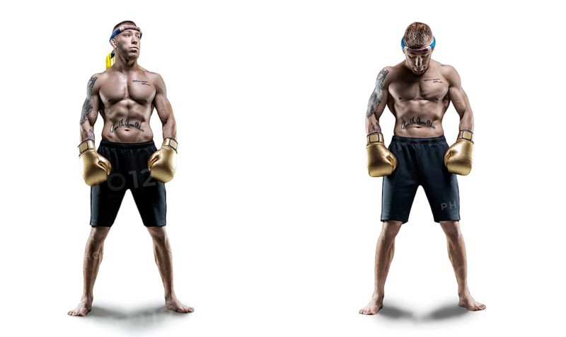 Image of two professional Thai boxers in front of a white background. Muay Thai
