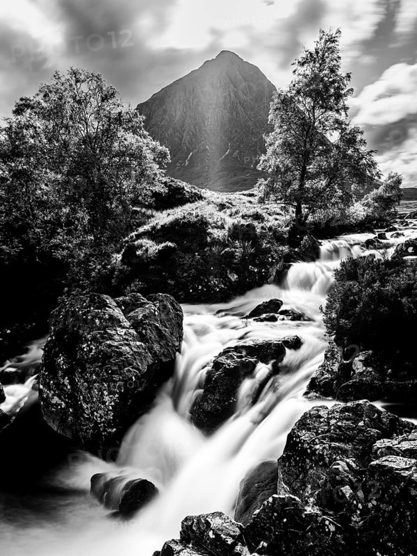 Waterfall under Buachaille Etive Mor in Black and White