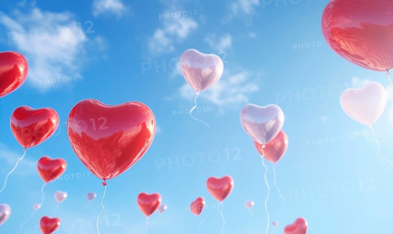 Red and pink heart-shaped balloons ascending into the sky AI generated