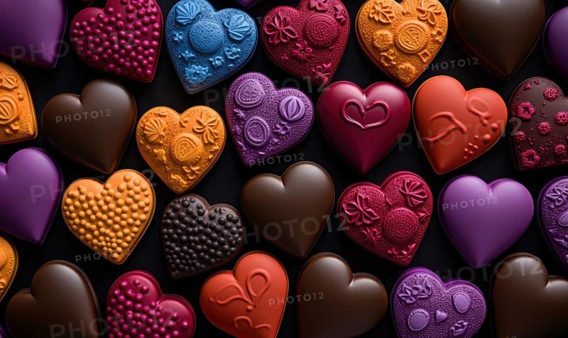 Assortment of heart-shaped chocolates in various colors and designs AI generated