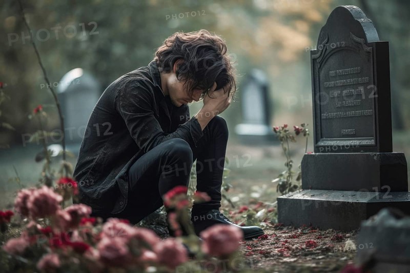 Man sitting sadly at gravestone