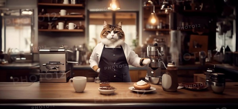 Cat barista in a coffee shop in a barista uniform