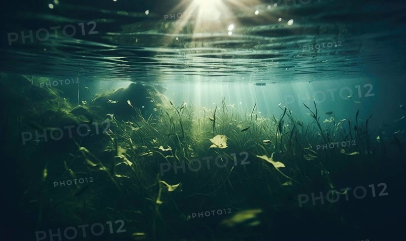 Underwater view of coral reef with fish and rays of sunlight AI generated