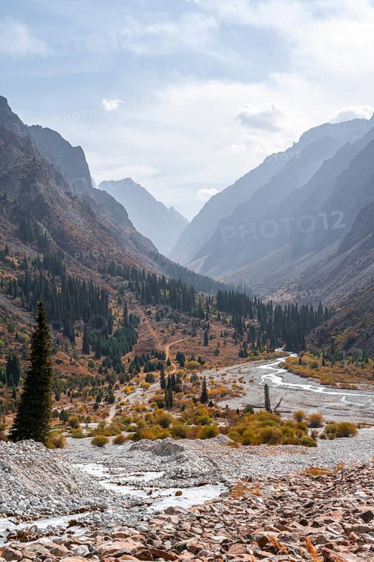 Mountain stream Ala Archa flows through the Ala Archa valley
