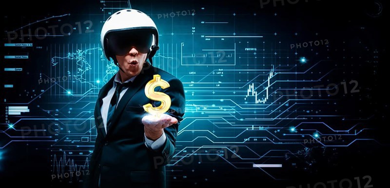 Portrait of a man in a suit and helmet. He put out a palm in which an electric charge and a dollar sign. Business concept. Stock market. Brokers and traders.