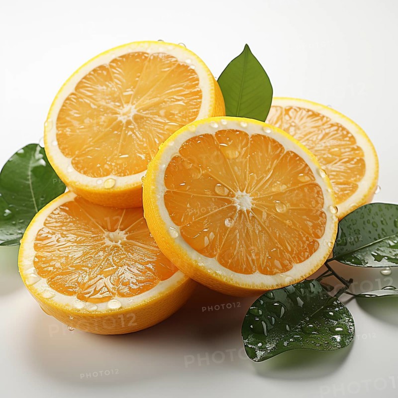 Bright orange slices with fresh green leaves on a white background