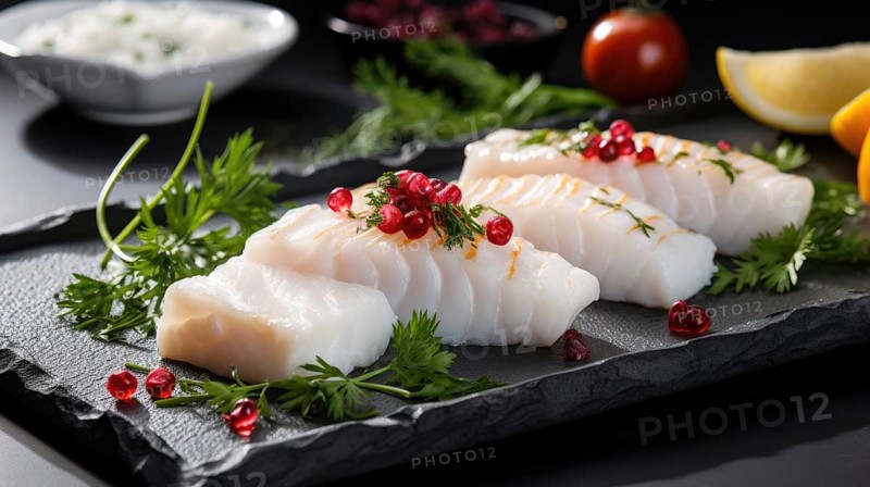 Raw white fish fillet with spices and lemon on wooden cutting board AI generated