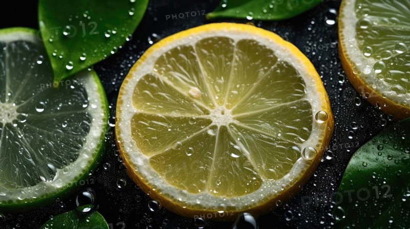 Lime and lemon slices with green leaves on a black background. Top view AI generated