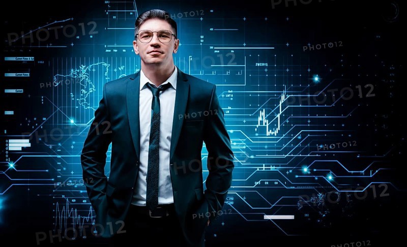 Confident man is standing in a business suit on the background of a stock exchange hologram. Stock broker and trader. Business investment.
