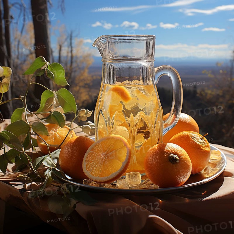 Sunlit pitcher of orange juice with ice and oranges outdoors