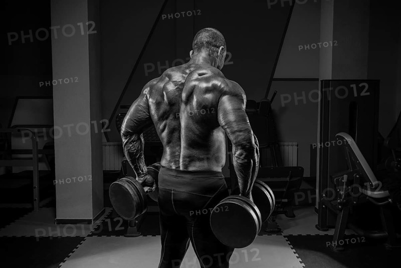 Professional weightlifter is training in the gym. Back exercises. Bodybuilding concept.