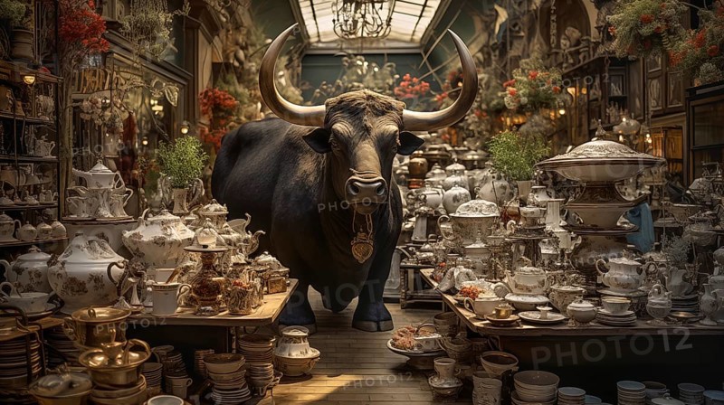 Very large bull with horns in a China shop filled with glassware. generative AI