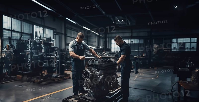 Car engine repair in a car repair shop by an auto mechanic
