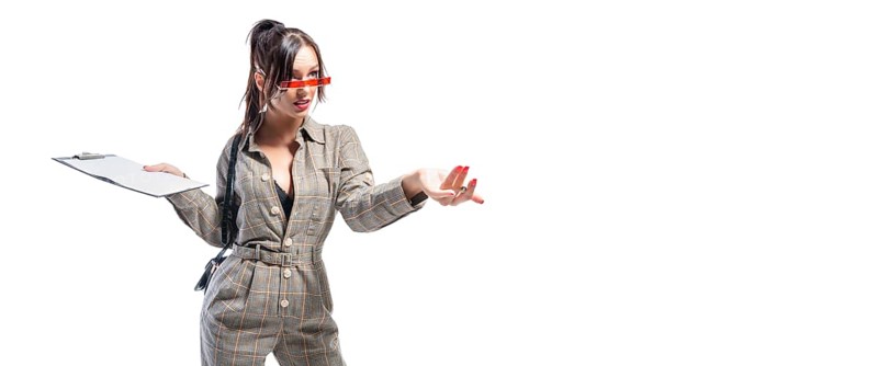 Image of a woman in a suit. She holds out her hand. Asks for money for shopping. Sales concept.