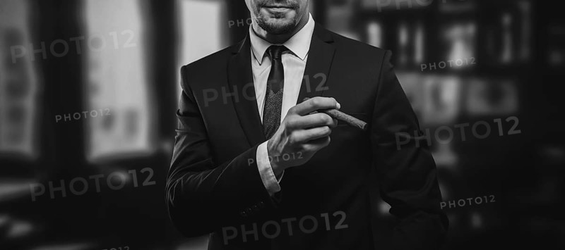 Image of an adult stylish man in a suit with a cigar. Cigar clubs concept.