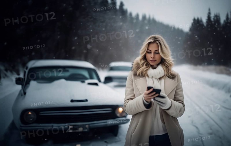 Female driver crashes her car on a slippery winter road in the snow