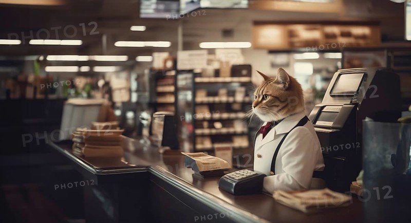 Cat cashier in a store behind the cash register