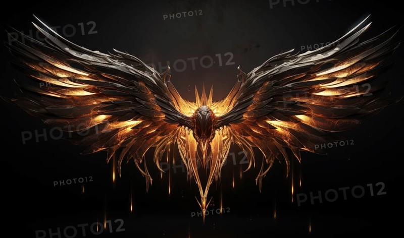 Fantasy bird figure. Burning phoenix on dark background. Fantasy background concept. Flame wings AI generated