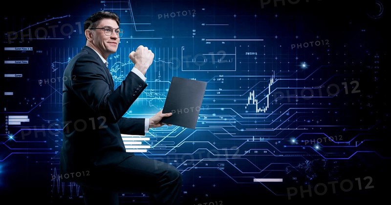 Stock broker rejoices in asset growth. The concept of brokerage and trading.