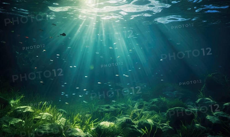 Underwater view of coral reef with fish and rays of sunlight AI generated