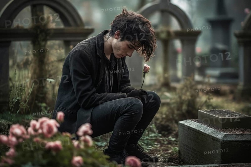 Man sitting sadly at gravestone