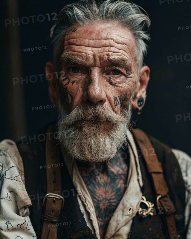 Old man marked by hard labour with tattoos and deep wrinkles on his face