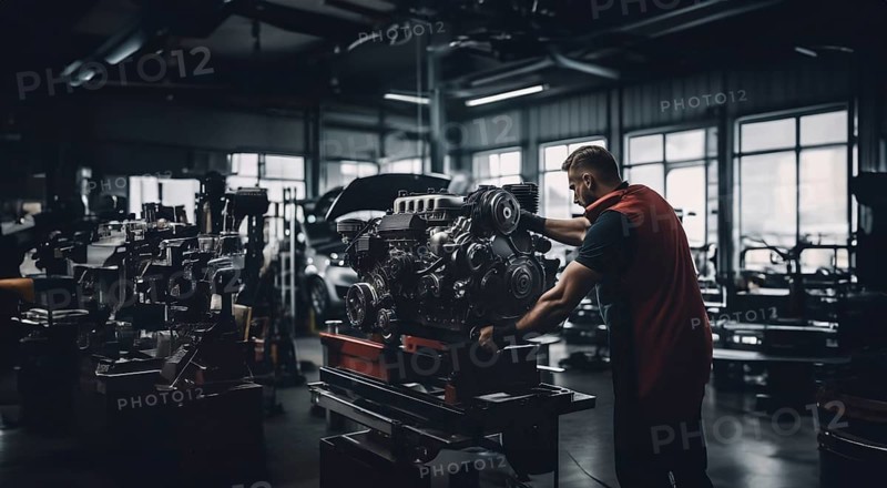 Car engine repair in a car repair shop by an auto mechanic