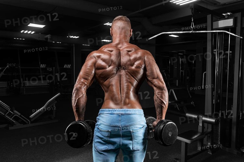 The athlete does an exercise in the gym with dumbbells. Back view. Shrugs. Fitness
