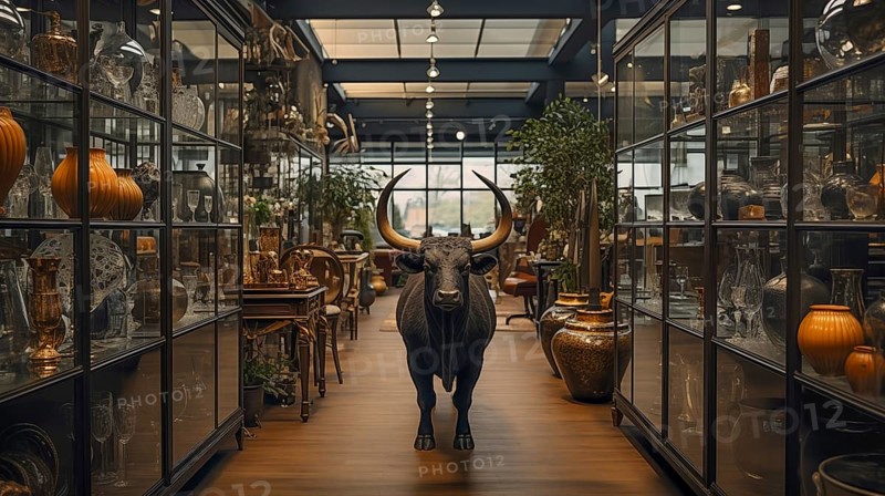 Very large bull with horns in a China shop filled with glassware. generative AI