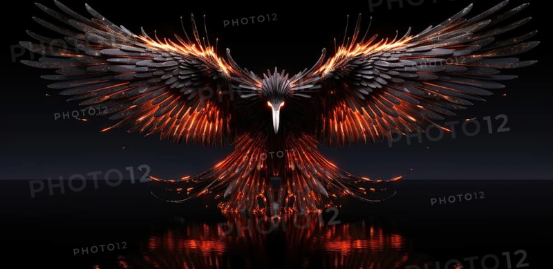 Fantasy bird figure. Burning phoenix on dark background. Fantasy background concept. Flame wings AI generated