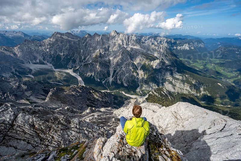 View of Wimbachgries valley and mountain panorama with rocky mountain peak of Hochkalter