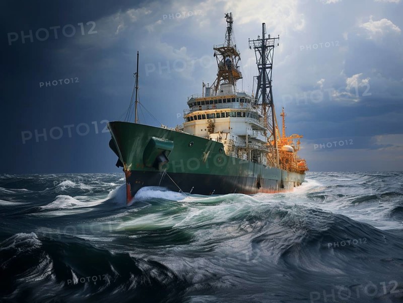 Stormy atmosphere as an offshore drilling ship battles through heavy ocean waves