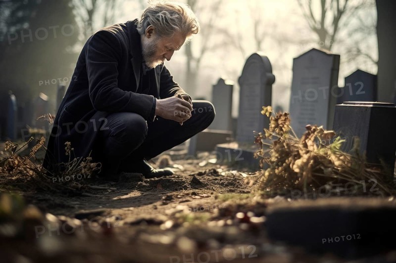 Man sitting sadly at gravestone