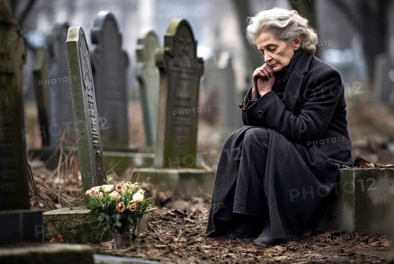 Woman sitting sadly at gravestone