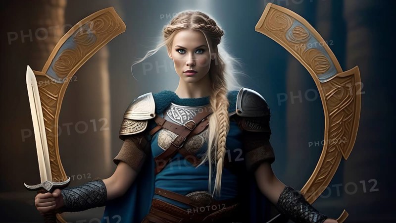 Viking shieldmaiden with raised sword